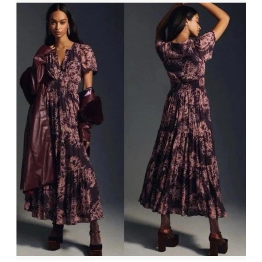 Anthropologie The Somerset Maxi Dress Chiffon Purple Plum Pockets Floral Small
